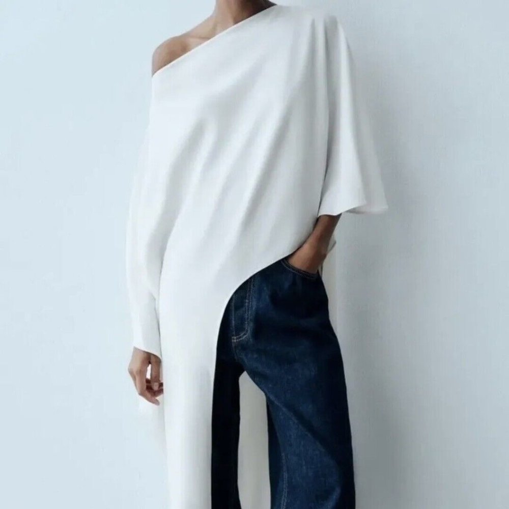 NWT ZARA WOMEN'S ASYMMETRIC CAPE BLOUSE TOP, White, Size XS-S NWT